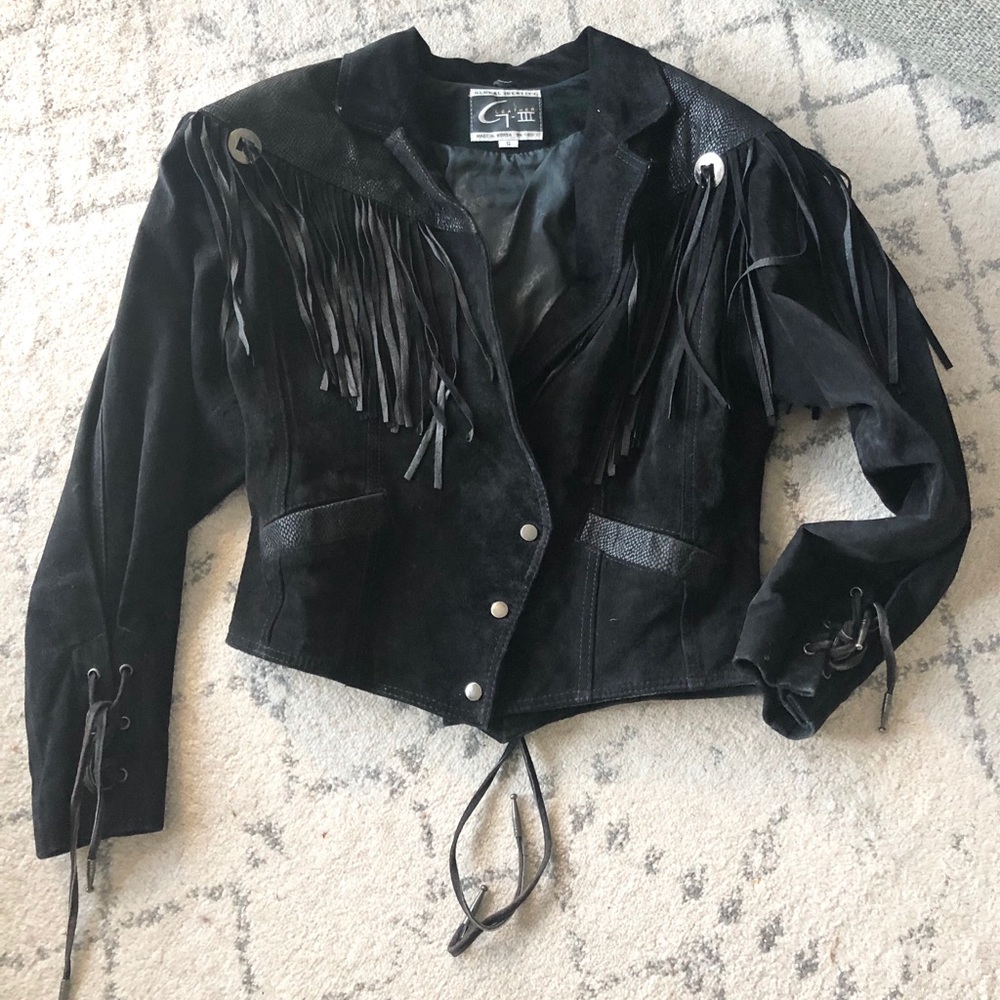 80's leather fringe jacket S